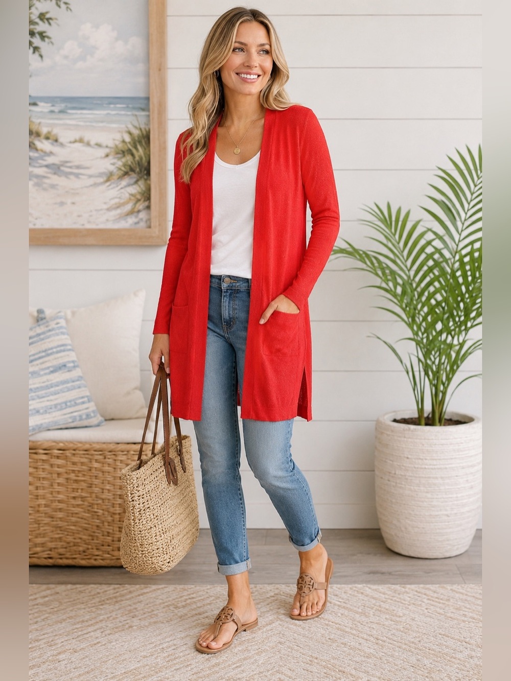 Halogen Red Linen Blend Open Front Long Cardigan Sweater Medium